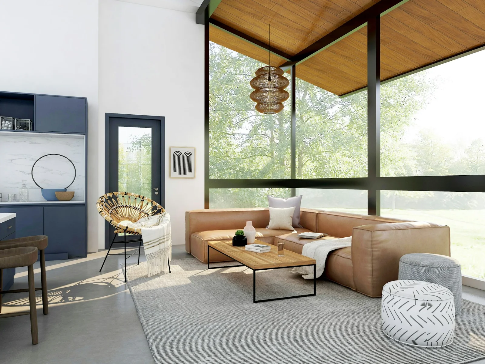 Warm living room with tall windows